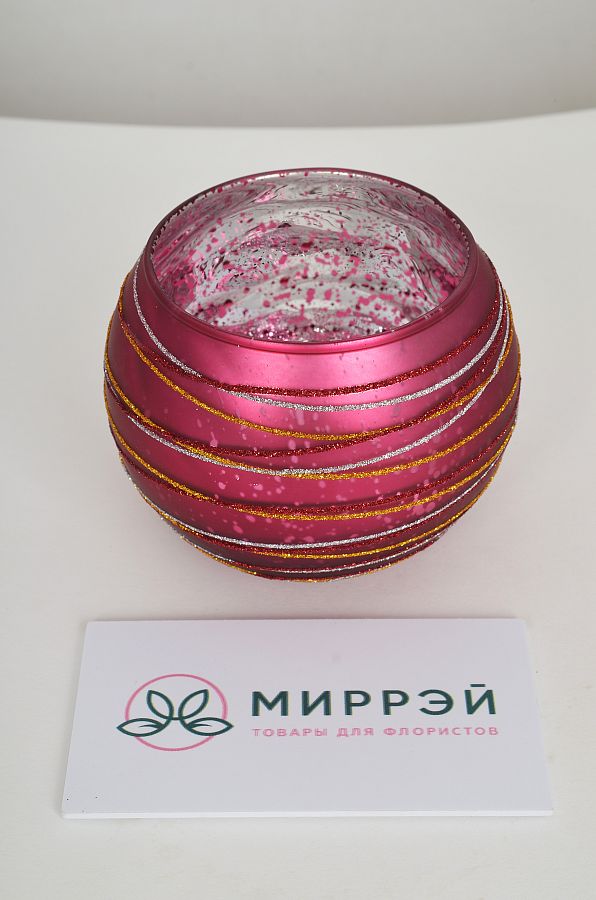 Стеклянный подсвечник, D10x H8.5 см, малиново-розовый с декором, в ПВХ кор.