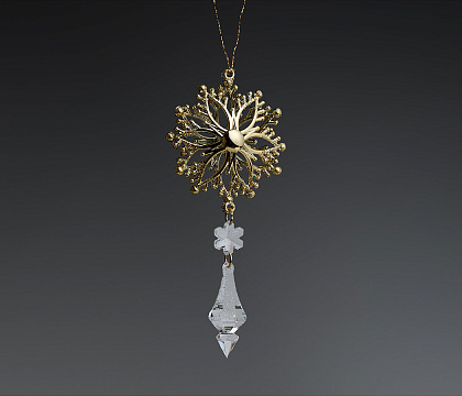 Фигурка декоративная снежинка с капелькой на подвеске с золотым глиттером, 14,6 см, акрил, 1 шт.