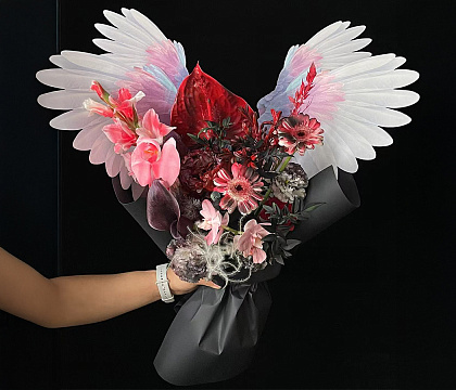 Упак. бумага "Крылья ангела", набор крыло L:50*37см + крыло S:33*22см, 10 наборов (20 шт) /упак, белый с ярко-розовый