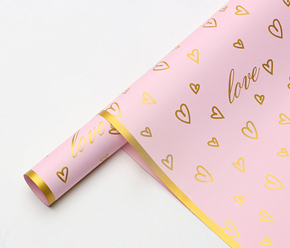 Упак. материал флористическая пленка "Золотые сердца", 65 мкр, 57 см х 57 см, 20 листов/упак. розовый