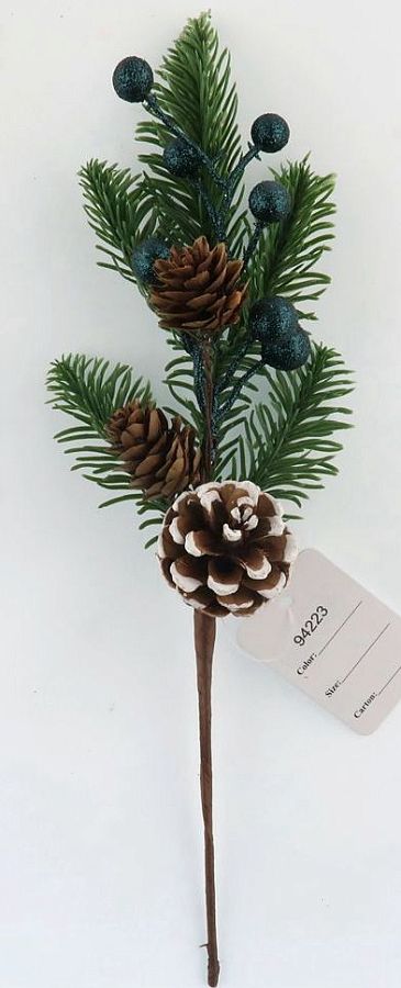 Новогодняя декоративная ветка с синими  ягодками и шишками 33 см, 1 шт.
