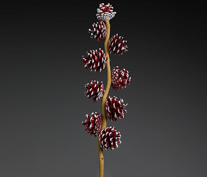 Декоративная ивовая ветка с заснеженными сосновыми шишками 5-7 см (9шт), 60 см, натуральный