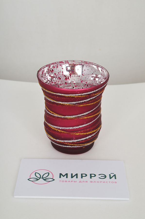 Стеклянный подсвечник, D7.5x H9 см, малиново-розовый с декором, в ПВХ кор.
