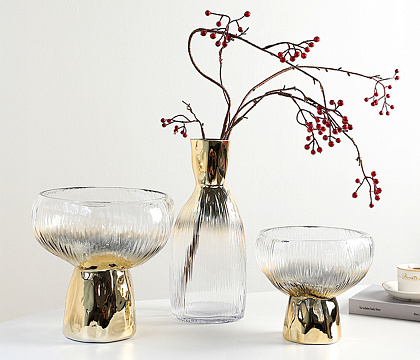 Ваза стеклянная D15 * H34,  1 шт., прозрачный/золотой