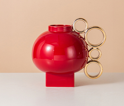 Керамическая декоративная ваза серия "Кольца", цвет красный, 24,5*19*22,5 см