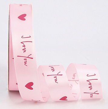Лента декоративная "I love you", полиэстер, 25 мм х 20 ярд., розовый (8 шт./упак.)
