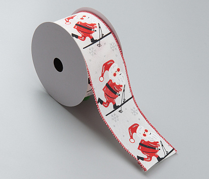 Лента новогодняя декоративная Санта Клаус на лыжах 6,3*10 ярд, 1 шт., белый/красный