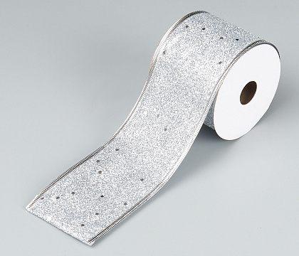 Лента новогодняя декоративная 6,3*10 ярд, 1 шт., сереброс мерцающим глиттером