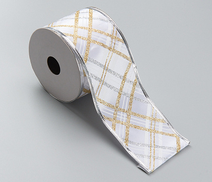 Лента новогодняя декоративная 6,3*10 ярд, 1 шт., шампань/золото/серебро