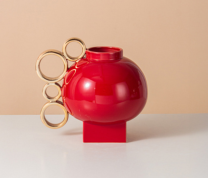 Керамическая декоративная ваза серия "Кольца", цвет красный, 24,5*19*22,5 см