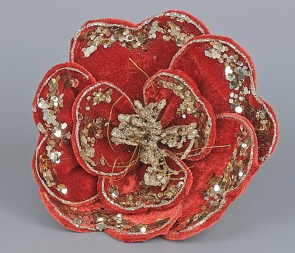 Декоративный новогодний цветок Магнолия D18 см, 1 шт., красный/золото