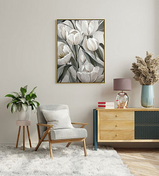 Картина "Белые тюльпаны", 30% ручная работа, рама пластиковая, 60*80*3,5