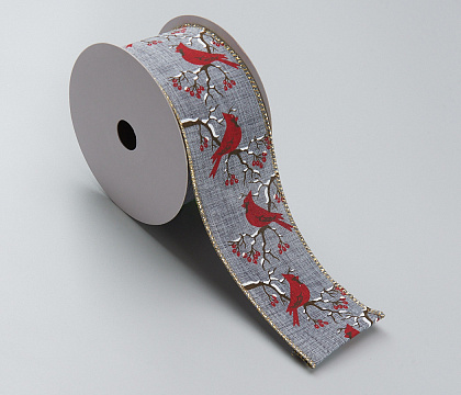 Лента новогодняя декоративная Снегири на ветке рябины 6,3*10 ярд, 1 шт., серый/красный