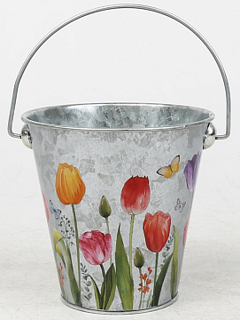 Декоративное кашпо-ведерко "Тюльпаны в саду" D11.5XH11/17CM 
B:D7 см, металл