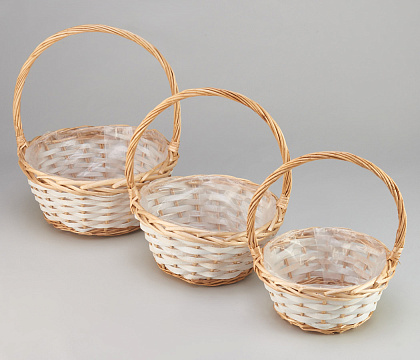 Набор плетеных корзин (ива), D29x13,5/34,5 см, D25x11,5/30,5 см, D21x10/25 см, 3 шт., натур. / белый