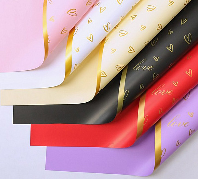 Упак. материал флористическая пленка "Золотые сердца", 65 мкр, 57 см х 57 см, 20 листов/упак. белый