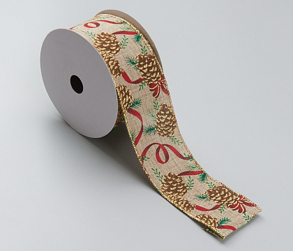 Лента новогодняя декоративная Шишки на веточке 6,3*10 ярд, 1 шт., натур./зеленый/красный