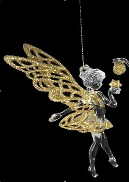 Фигурка декоративная с филигранными крыльями на подвеске, прозрачная с глиттером, акрил, 15,2 см