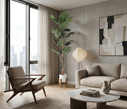 Искусственное растение "Монстера", в керамическом горшке на деревянной подставке, 68,5*200 см.