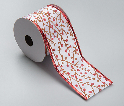 Лента новогодняя декоративная Веточка с ягодами 6,3*10 ярд, 1 шт., белый/красный