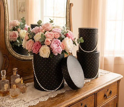 Набор коробок для цветов "Жемчужная россыпь"16,5x18H, 14,5x15H, 12,5*13H см, 3 шт., черный