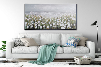 Картина "Цветы у прибоя", 100% ручная работа, рама пластиковая, 70x140