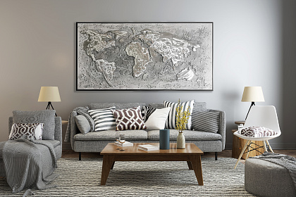 Панно "Карта мира", 100% ручная работа из алюминия, рама пластиковая, 70x140