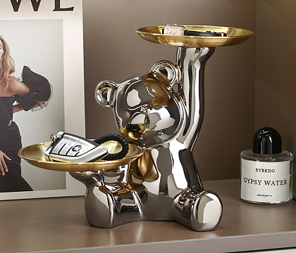 Подставка декоративная "Медведь", керамика, цвет серебро, 28*15,5*21,5 см.