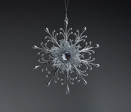 Фигурка декоративная снежинка на подвеске, украшенная сереб. глиттером и камнем, 13 см, акрил, 1 шт.