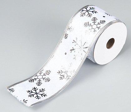 Лента новогодняя декоративная Снежинки 6,3*10 ярд, 1 шт., белый/серебро